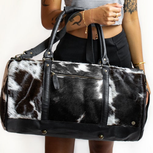 Leather Cowhide Duffle Bag - Animal Print with Natural Fur - Weekend/Overnight Duffel Bag in Black & White Cow Print Pony Hair by MAHI