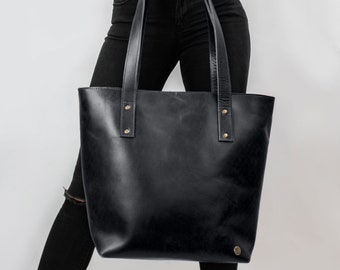 Women&#39;s Classic Black Leather Tote Bag with Personalized Initials | Custom Gift For Her | Handmade Artisan Handbag in Thick Buffalo Leather