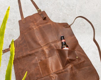 Apron with Beer Holder - Distressed Multi-Pocket Brown Full Grain Leather - Butchers Apron For Hobbyists Woodwork Blacksmith with Pockets