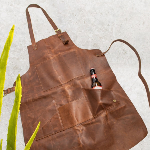 Leather Bbq Apron With Beer Pocket Etsy