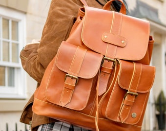 Personalized Buffalo Leather Backpack/Rucksack with Pockets & Drawstring in Tan Brown Unisex Womens Mens Handmade by MAHI