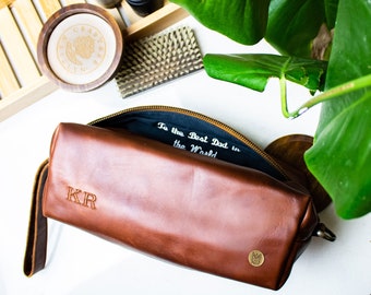 Mens Leather Wash Bag/Dopp Kit With Personalised Initials & Internal Message Options - Leather Shaving Bag/Toiletry Bag by MAHI Leather