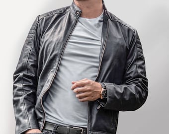 Mens Black Leather Biker Jacket - Classic Quilted Detail by MAHI | Made to Order