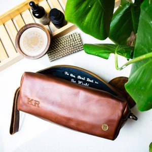 Mens Leather Wash Bag/Dopp Kit With Personalised Initials & Internal Message Options Leather Shaving Bag/Toiletry Bag by MAHI Leather image 1