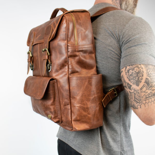 16" Macbook Backpack - Brown Leather Rucksack with Water Bottle Pockets, Laptop Compartment, Multi Pockets - Personalised | Back to School