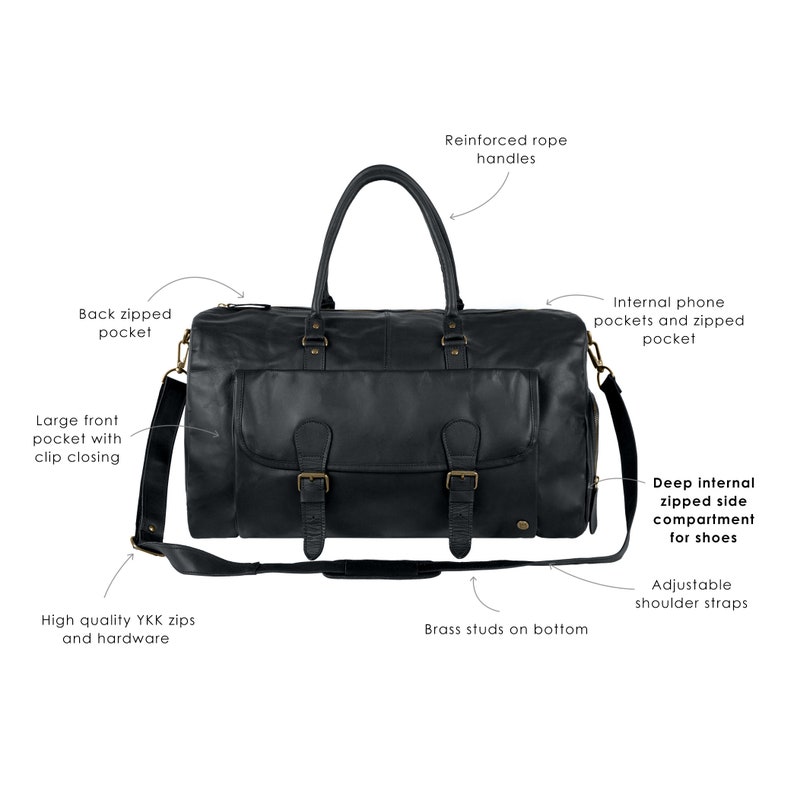 Overnight Bag with Side Shoe Compartment Black Leather Weekender Travel Bag Monogram Unisex Weekend Bag with Personalised Initials image 3