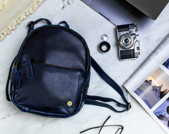 Mini Backpack - Personalized Navy Blue Full Grain Leather - Small Casual Work Rucksack For Her Handmade with Monogram Initials by MAHI