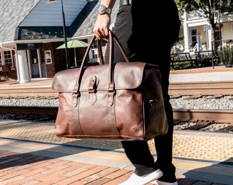 Bolso de fin de semana grande personalizado de cuero de grano completo / Bolso de fin de semana grande con iniciales / Bolso de viaje de cuero marrón / Bolso de viaje con monograma