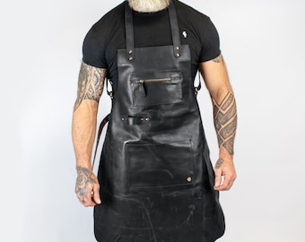Distressed Cross Back Leather Apron | Black Full Grain Leather Apron For Hobbyists Woodwork Blacksmith with Pockets | Fathers Day Gift