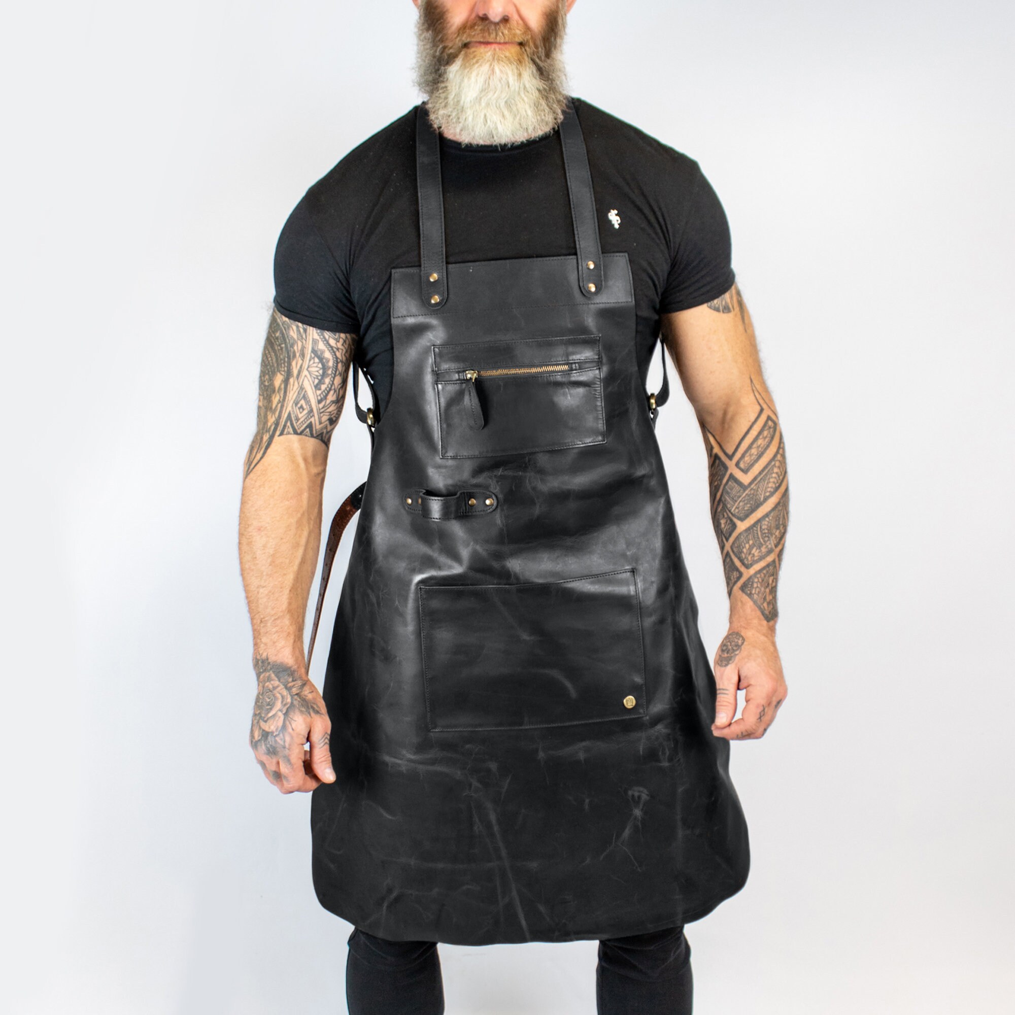 Distressed Cross Back Leather Apron | Black Full Grain