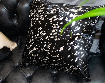 Black and Silver Foil Metallic Cowhide Square Cushion Cover | Hair on Hide | Modern Cushion Cover | by MAHI