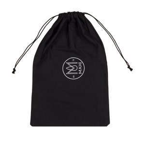 May include: Black drawstring bag with a white logo that says "MAHI" in a circle.