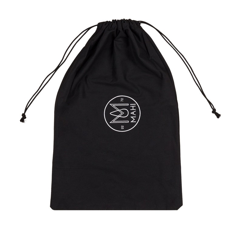 May include: Black drawstring bag with a white logo that says "MAHI" in a circle.