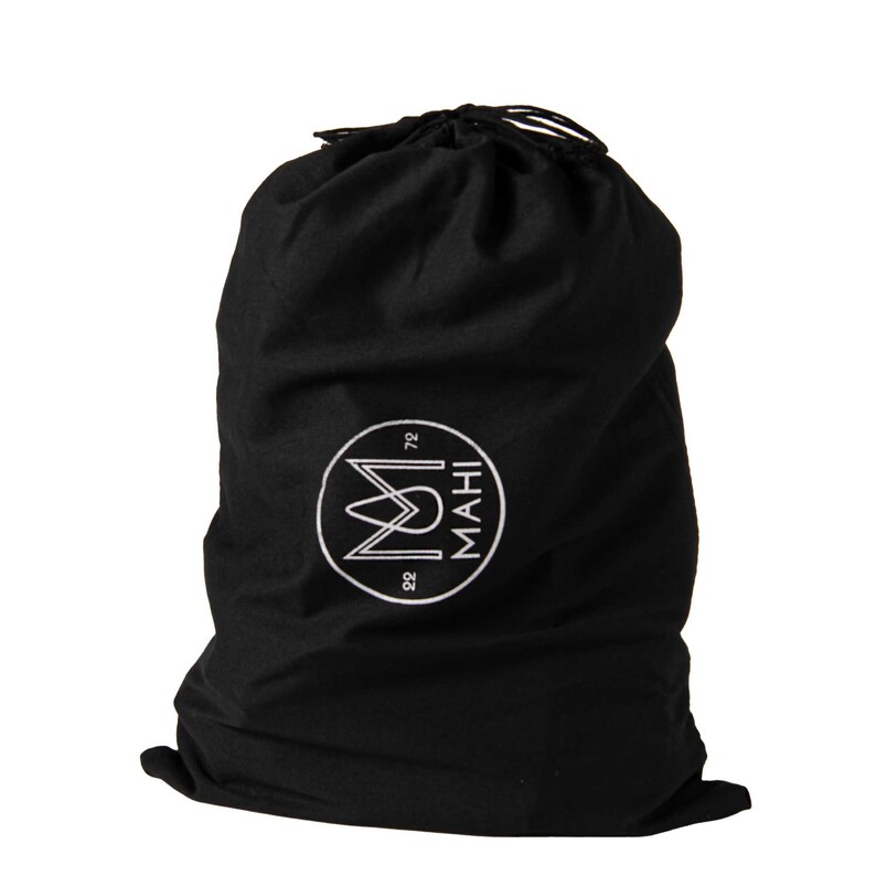 May include: Black drawstring bag with a white logo that says "MAHI" and has a stylized "M" inside a circle.