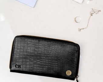 Personalized Full Grain Leather Purse/Wallet For Her Handmade in Black Crocodile Print *3rd Wedding Anniversary*  Gift For Her | by MAHI