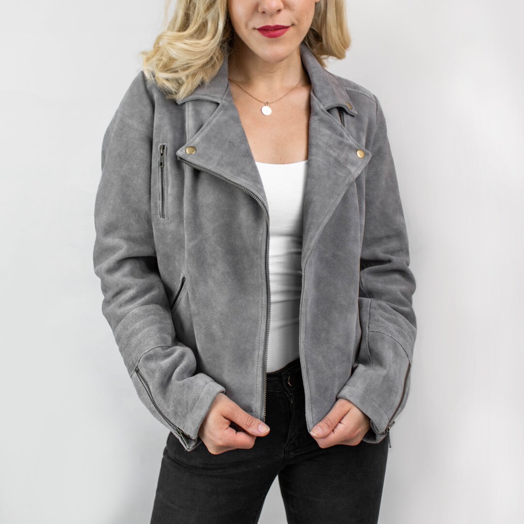 Womens Grey Suede Biker Jacket Classic Quilted Detail Also Available in ...