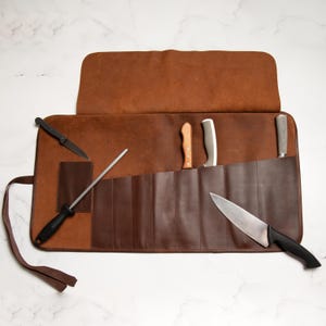 Personalized Brown Leather Knife Roll Case, Kitchen Storage, Chef Knife Roll | Personalized Gift for Chef, Kitchen Professional | Knife Wrap