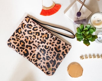 Leopard Print Clutch Bag | &#39;Pony Hair&#39; Leather Clutch | Animal Print Cowhide &#39;Pony Fur&#39; Zip Pouch with Wrist Strap | Handmade Gift For Her