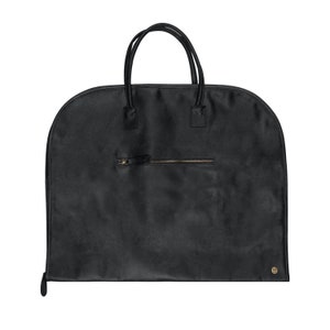 May include: Black leather garment bag with a zippered pocket and two handles.