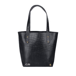 Personalized Black Crocodile Print Leather Tote Handbag in Full Grain Leather with Monogram Initials Gift For Her Handmade by MAHI image 4
