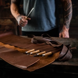Personalized Brown Leather Tool Roll Case, Craft Tool Case For Woodwork | Personalized Gift for Crafters, Mechanics, Hobbyists, Fathers Day