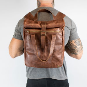 Brown Leather Roll Top Backpack with 15 Laptop Capacity Vintage Style Leather Rucksack Unisex Personalised Hipster Backpack by MAHI image 3