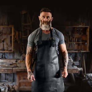 Double Pocket Leather Apron | Black Full Grain Leather Butchers Apron For Hobbyists Woodwork Blacksmith | Personalized Fathers Day Gift