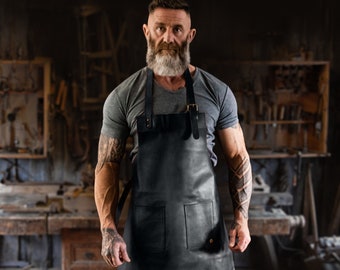Distressed Double Pocket Leather Apron - Black Full Grain Leather - Butchers Apron For Hobbyists Woodwork Blacksmith | Fathers Day Gift