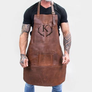 Personalized Leather Apron with Custom Laser Antler & Initial Monogram | Full Grain Leather Apron For BBQ, DIY, Butcher, Fathers Day Present