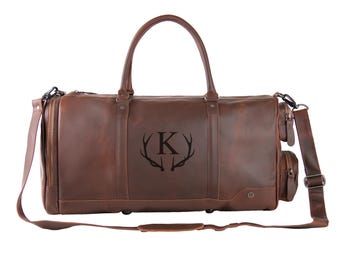 Gepersonaliseerde leren weekendtas met gepersonaliseerd lasermonogram | Gepersonaliseerde volnerf leren plunjezak met aangepast logo of initialen