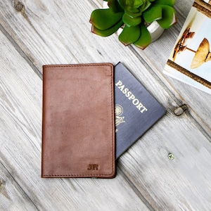 Personalized Brown Full Grain Leather Passport Cover/Holder Travel Accessory Wedding Gift Personalized Travel Gift Handmade by MAHI image 1