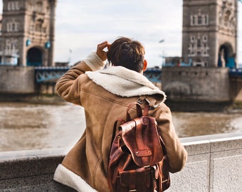 Personalized Full Grain Leather Backpack/Rucksack with Pockets & Drawstring in Tan Brown Unisex Womens Mens Handmade by MAHI