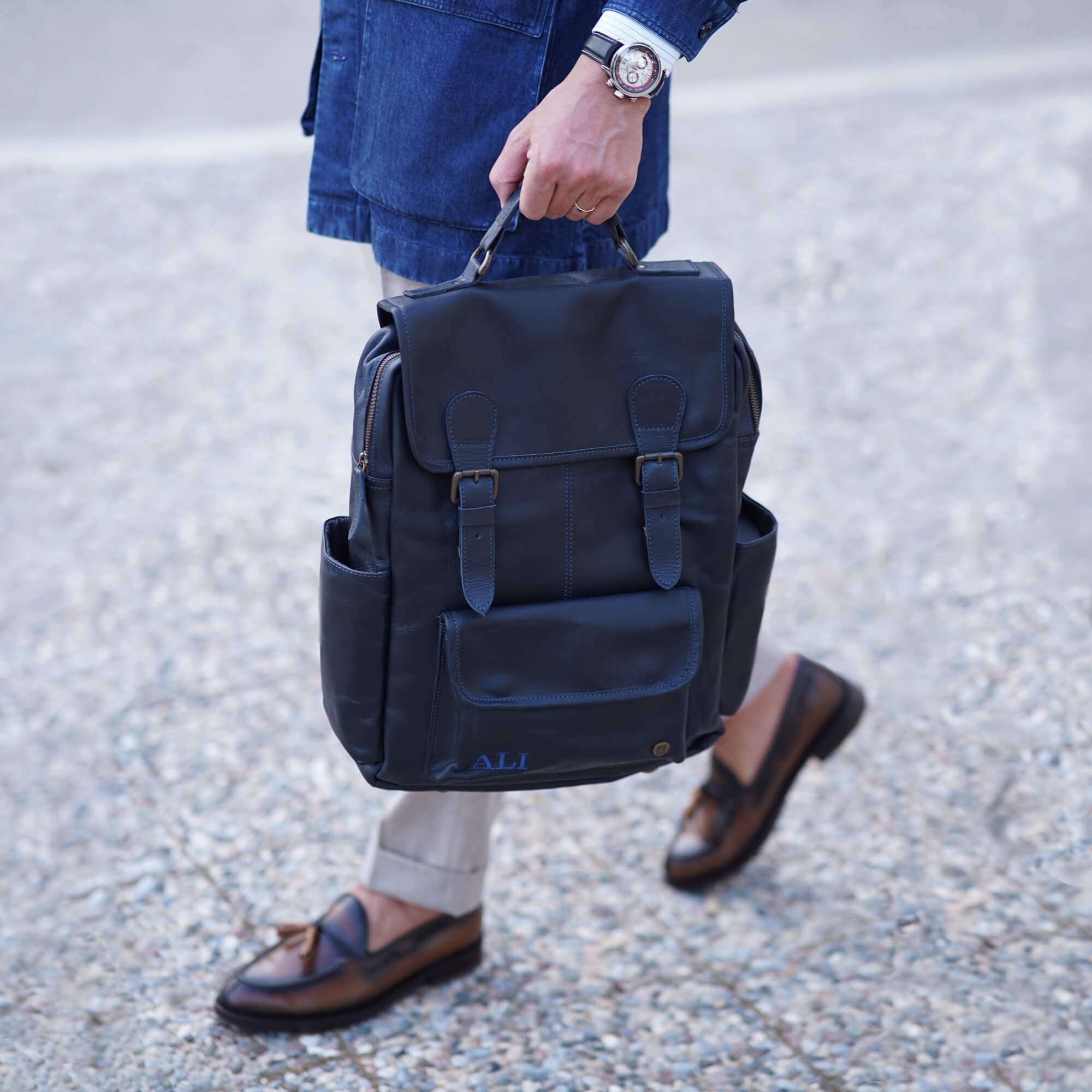 16 MacBook Backpack Navy Leather Utility Rucksack With Water Bottle Pockets Laptop Compartment Personalised Initials Work Backpack Etsy
