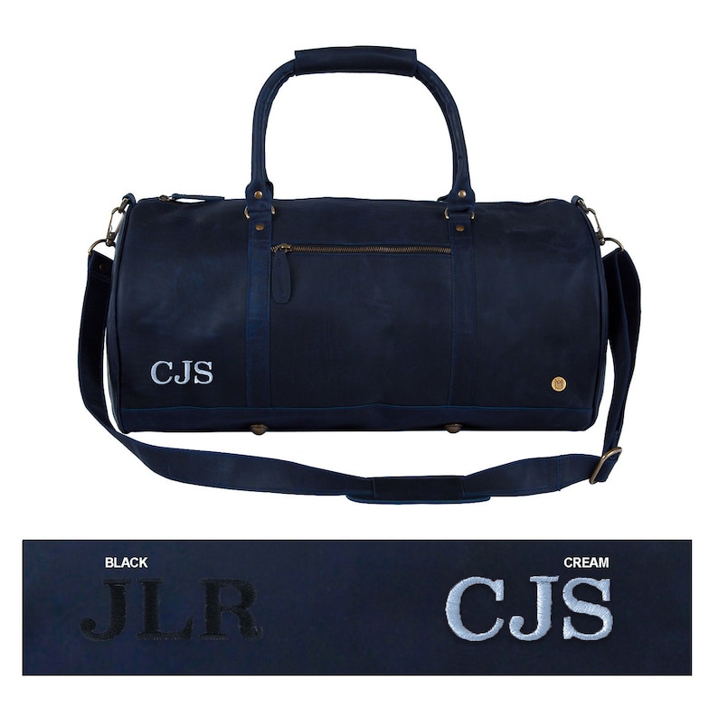 Personalized monogram navy leather duffle bag leather weekend bag overnight bag gym bag weekender holdall in dark blue by MAHI image 4