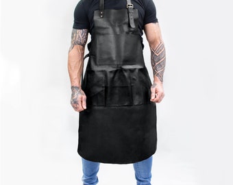 Long Distressed Multi-Pocket Leather Apron - Black Full Grain Leather - Butchers Apron For Hobbyists Woodwork Blacksmith with Pockets