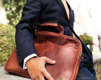 Compact Leather Laptop Briefcase | 13&quot; Laptop Capacity | Personalized Laptop Case For Him | Mens Leather Laptop Bag | Back to School