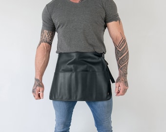 Black Full Grain Leather Half Apron for Chefs, Artists and Waiters | Perfect for Hobbyists, Hospitality Businesses, Home Cooks & Bakers