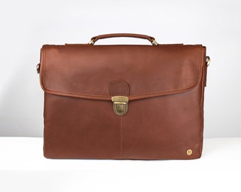 Personalized Full Grain Leather Clip Up Briefcase Work Bag| 15&quot; Laptop Capacity | Leather Satchel Messenger with Initials | Back to School