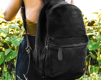 Personalized Waxed Canvas Leather Backpack with 13" Laptop Capacity in Black Unisex Mens Womens Backpack For College | Back to School