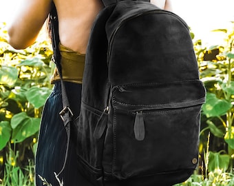Personalized Initials Waxed Canvas Leather Backpack with 13" Laptop Capacity in Black Unisex Mens Womens Backpack For College by MAHI