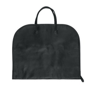 May include: A black garment bag with a zipper closure and two handles. The bag is made of a smooth, durable material.