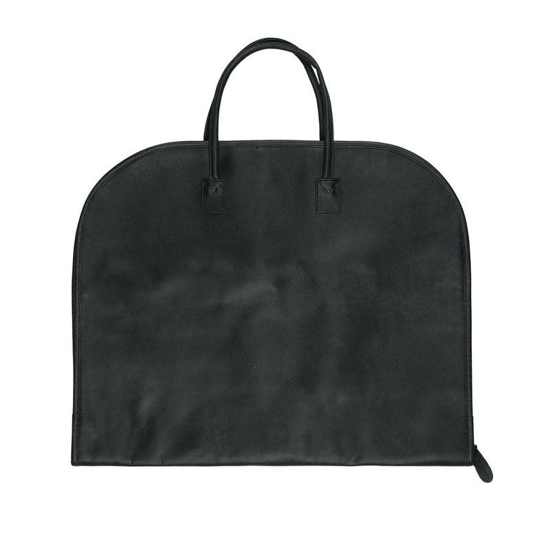 May include: A black garment bag with a zipper closure and two handles. The bag is made of a smooth, durable material.