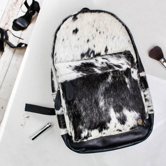 Natural Cowhide Leather Backpack | Black & White  display picture 1