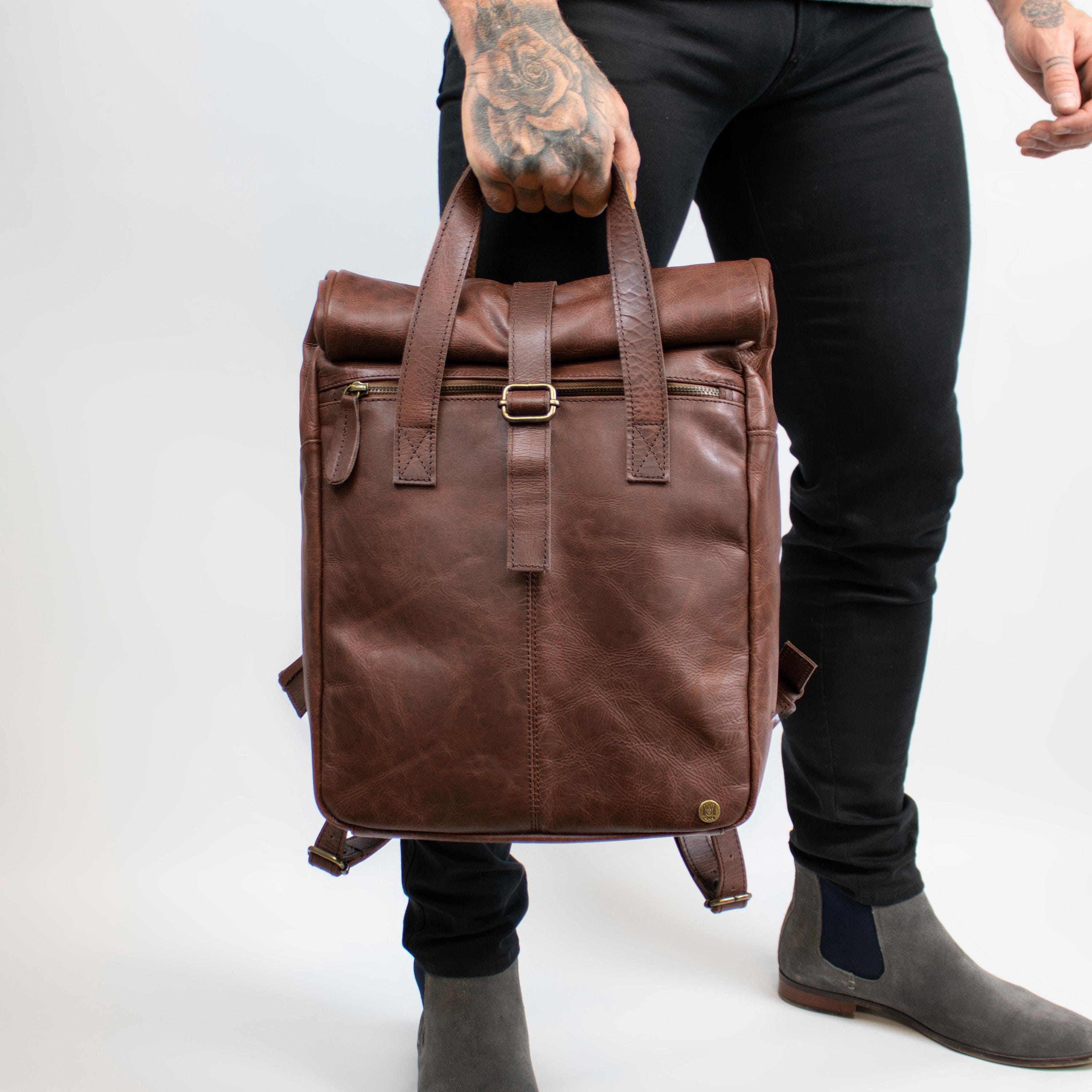 Vintage Style Rustic Rolltop Backpack | Brown Full Grain Leather | Mens ...