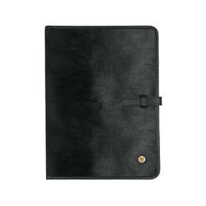 Black Natural Fur Cowhide Leather Portfolio | A4 Padfolio Folder Document Holder | Business Work Folio Organizer For Her | Mothers Day Gift