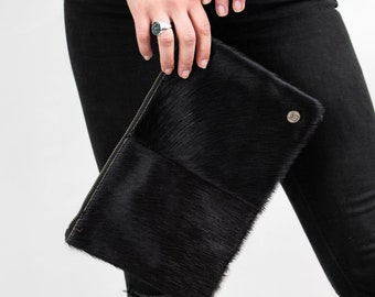 Cow Print Pony Hair Clutch Bag in Black Natural Leather Cowhide with Natural Fur Finish – Animal Print Fur Pouch by MAHI