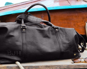 Personalized Large Leather Weekend Duffle - Weekender - Weekend Bag - Holdall -  Overnight Bag - in Black Full Grain Leather by MAHI
