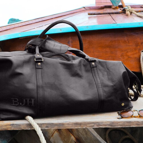 Personalized Large Leather Weekend Duffle - Weekender - Weekend Bag - Holdall -  Overnight Bag - in Black Full Grain Leather by MAHI