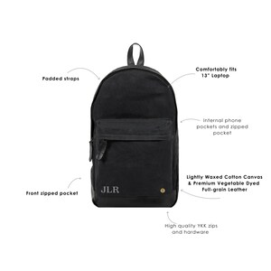 Personalized Waxed Canvas Leather Backpack with 13 Laptop Capacity in Black Unisex Mens Womens Backpack For College Back to School image 10