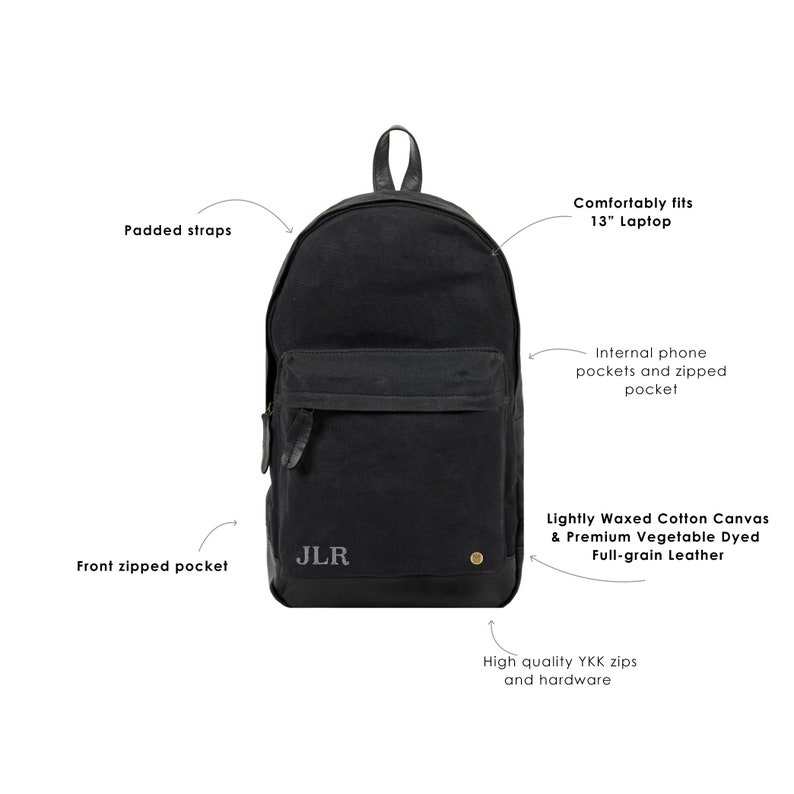 Personalized Waxed Canvas Leather Backpack with 13 Laptop Capacity in Black Unisex Mens Womens Backpack For College Back to School image 10